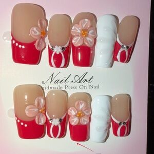Handmade Red & Nude Floral Press-On Nails